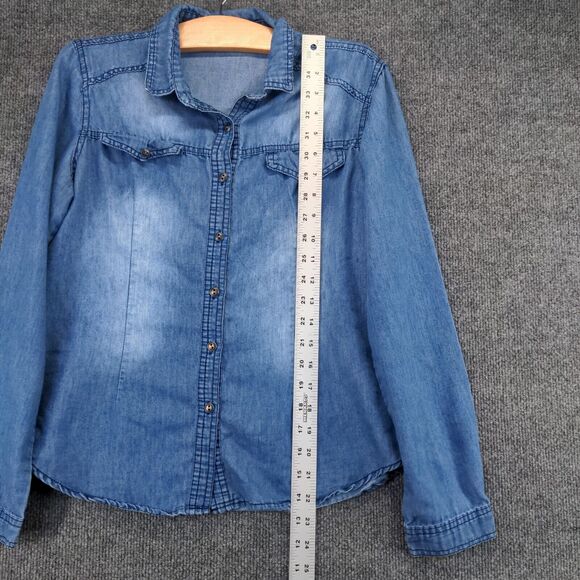 I Joah Denim Button Up Womens Medium Long Sleeve Blue Faux Pocket Polyester - Picture 10 of 12
